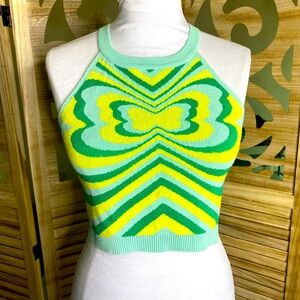 Witty Fox Vibrant Green and Yellow Knit Halter Top Crop Top | Sz Small